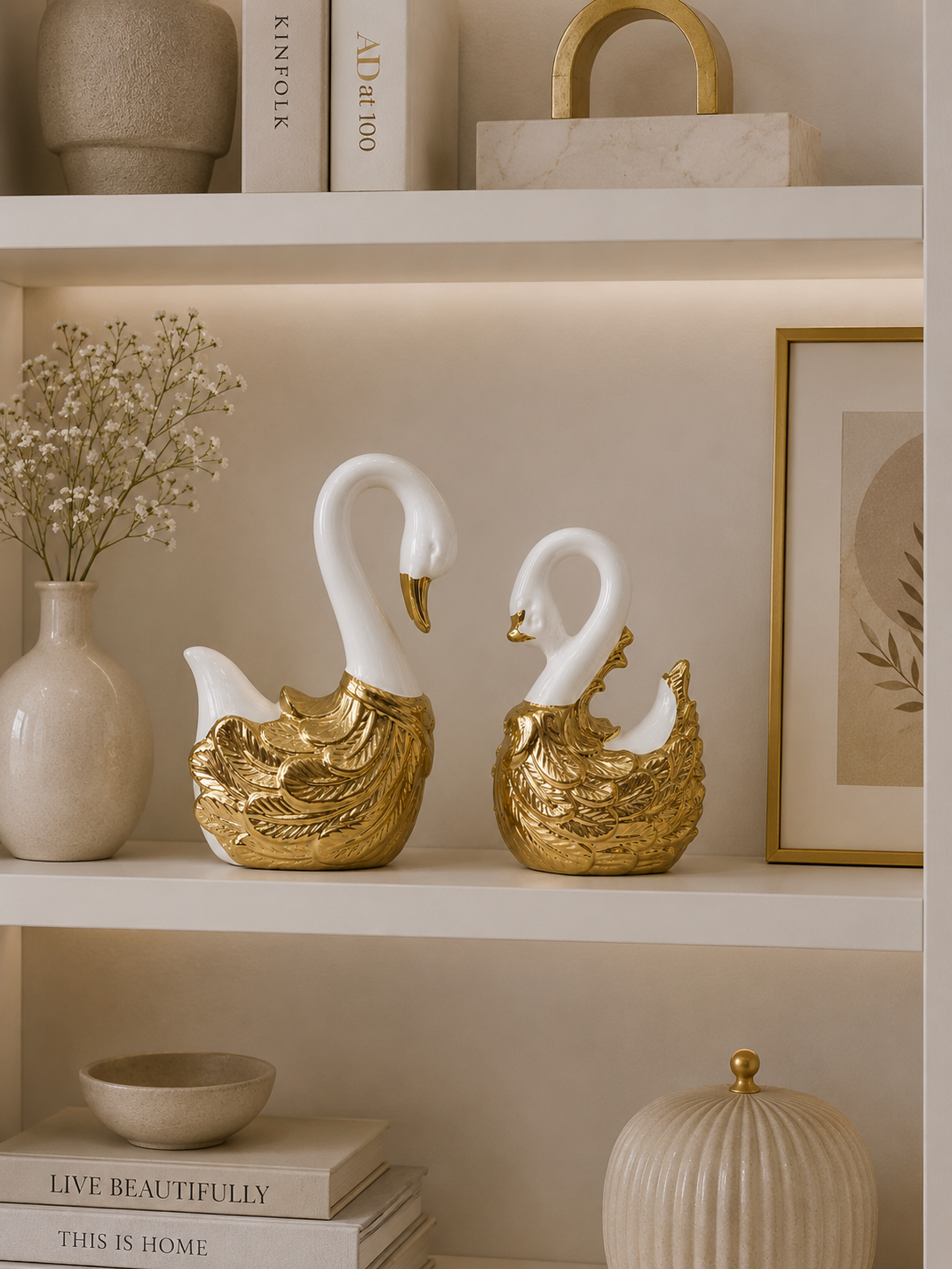 Luxury White & Gold Ceramic Swan Figurine Set