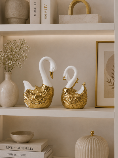 Luxury White & Gold Ceramic Swan Figurine Set
