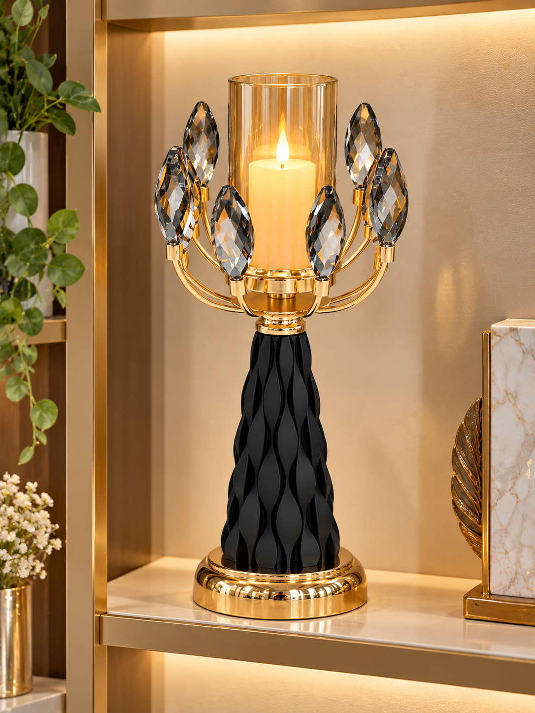 Luxury Black & Gold Crystal Leaf Candle Holder