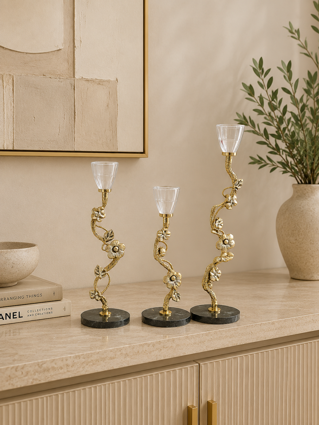 Luxury Floral Gold Metal Candle Holder Set of 3 with Crystal-Style Cups