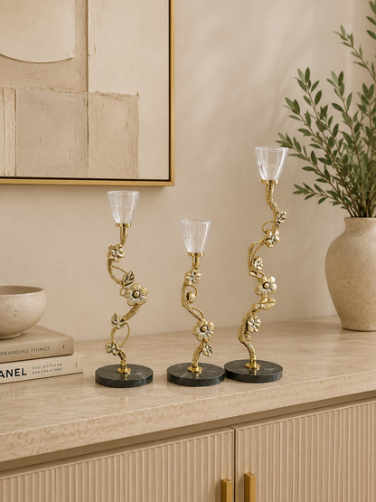 Luxury Floral Gold Metal Candle Holder Set of 3 with Crystal-Style Cups