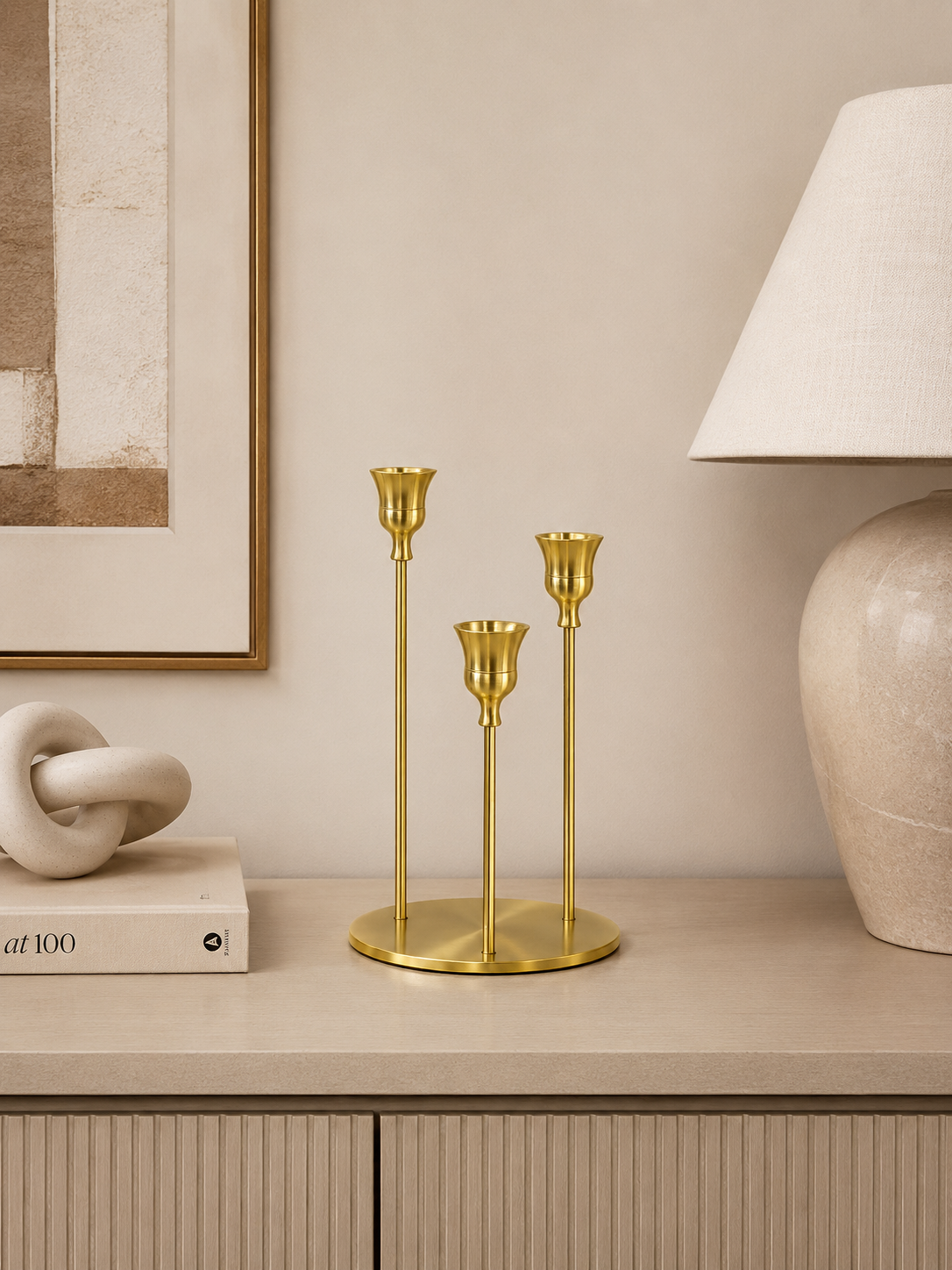 Luxury Gold Metal 3-Arm Taper Candle Holder