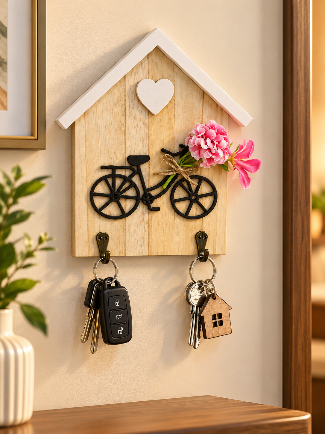 Wooden Bicycle Key Holder with 2 Hooks