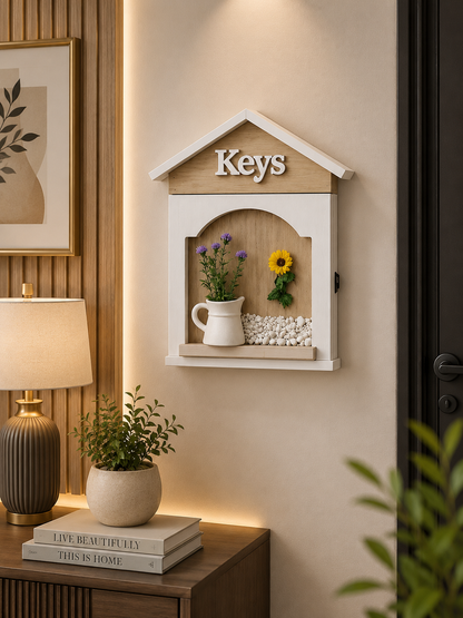 Wooden House Key Holder Box with Decorative Flowers