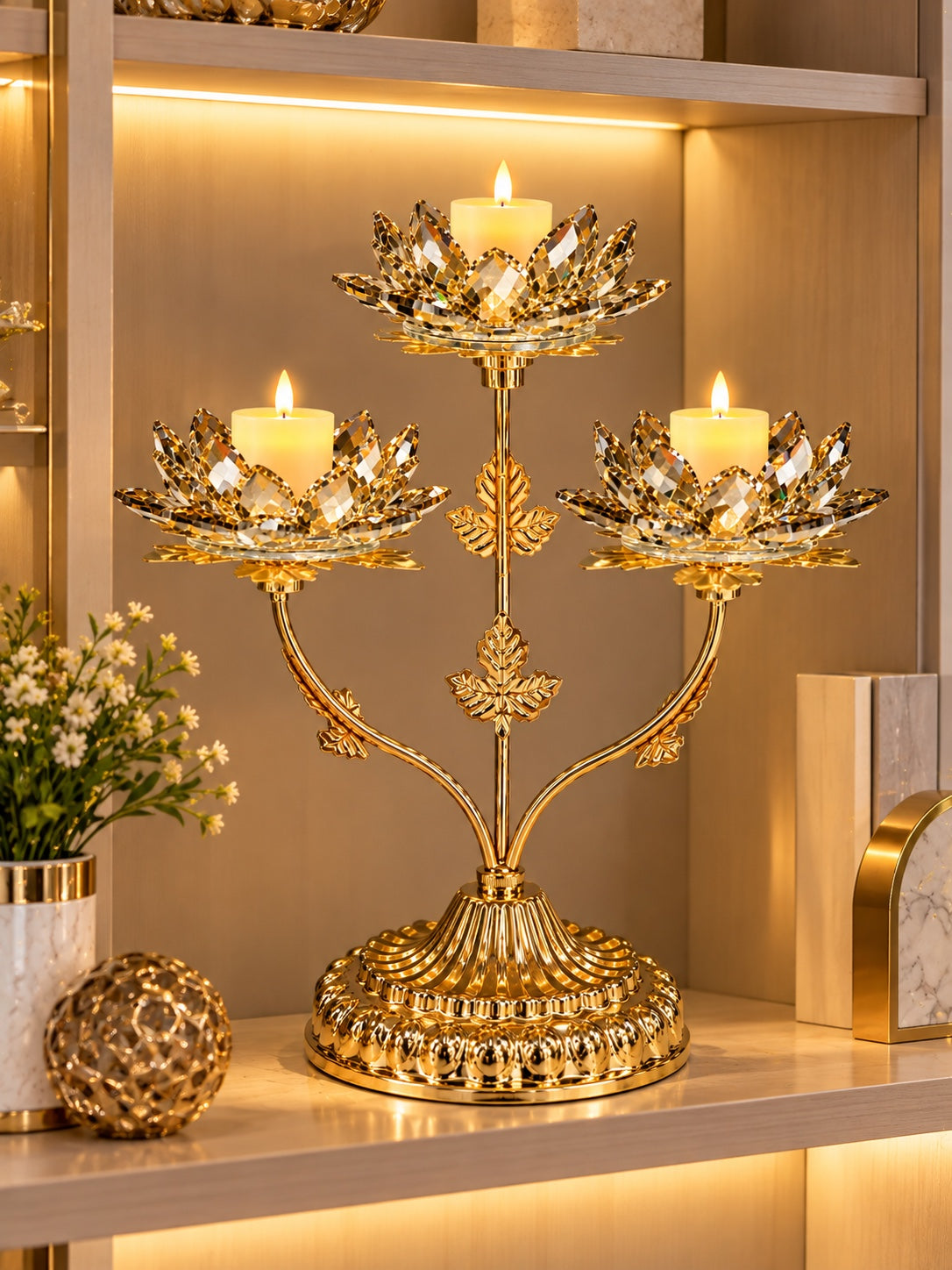 Luxury Golden Lotus Crystal 3-Cup Candle Holder