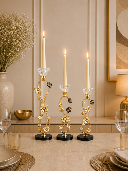 Luxury Gold Floral Crystal Taper Candle Holder Set of 3