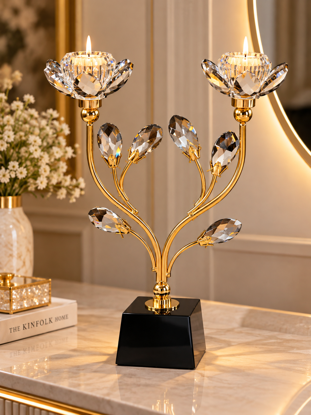 Luxury Gold Crystal Double Lotus Candle Holder