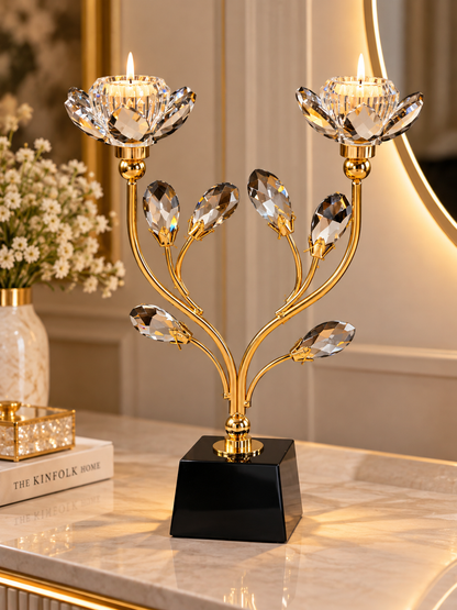 Luxury Gold Crystal Double Lotus Candle Holder