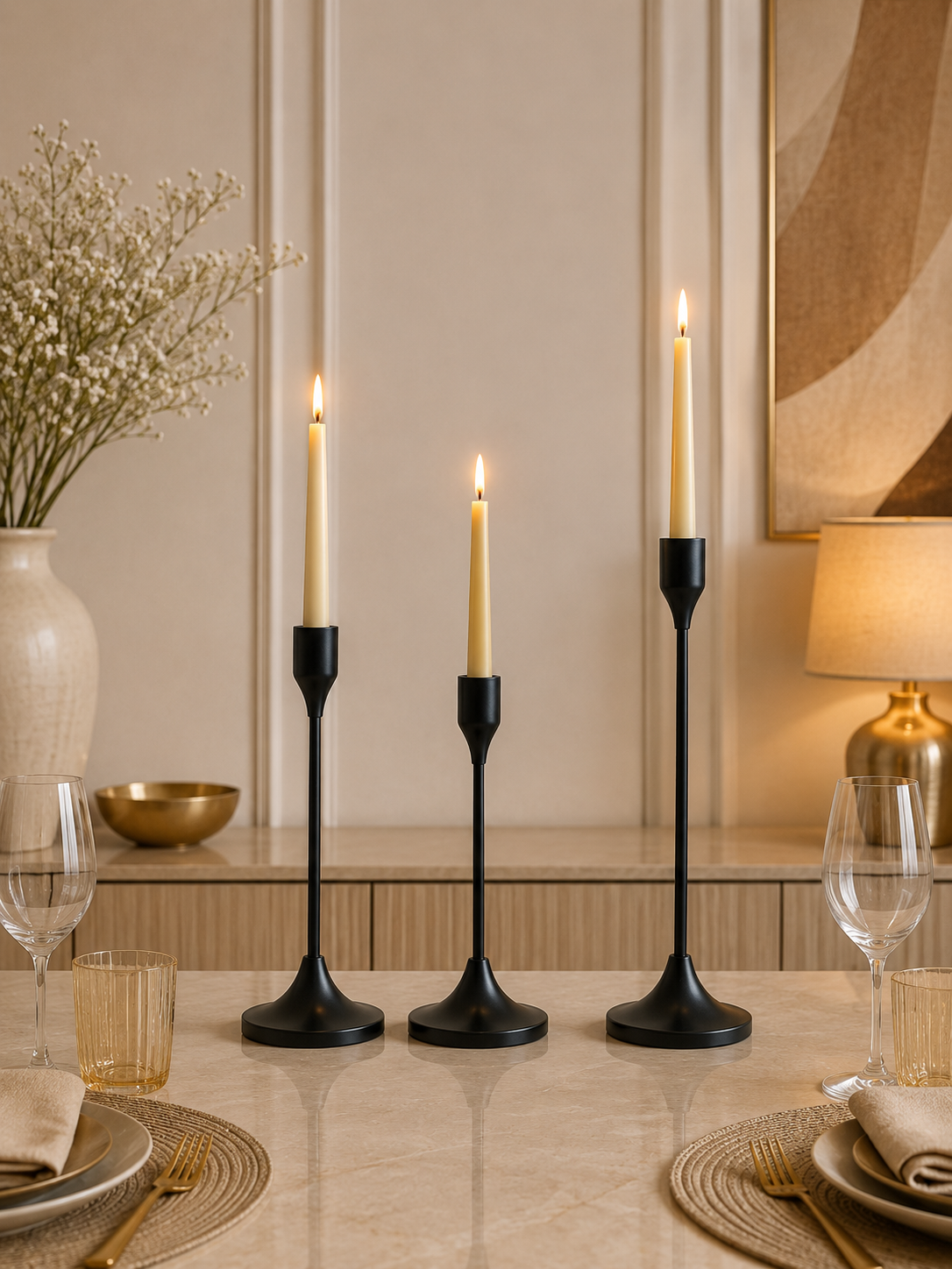 Modern Matte Black Metal Taper Candle Holder Set of 3