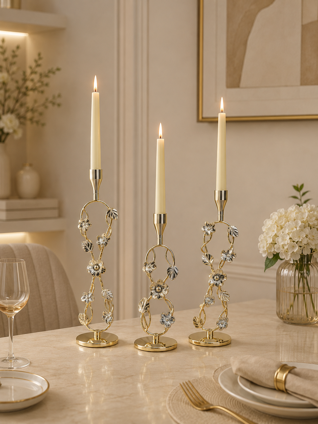 Elegant Gold Floral Metal Candle Holder Set of 3