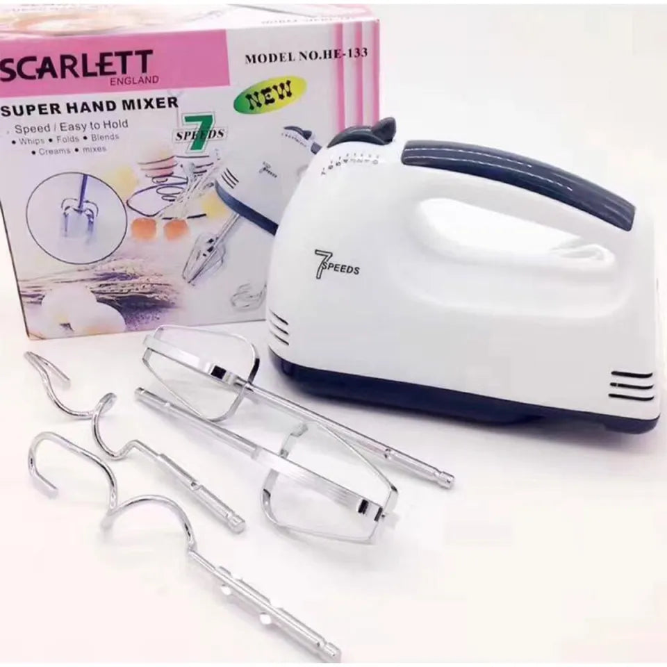 Super Speed Scarlett Hand Mixer - 7 Speed Egg Beater with Chrome Beater + Dough Hook (White)