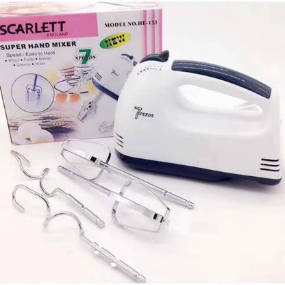 Super Speed Scarlett Hand Mixer - 7 Speed Egg Beater with Chrome Beater + Dough Hook (White)