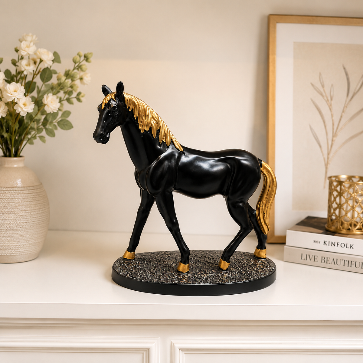 Royal Black & Gold Walking Horse Statue
