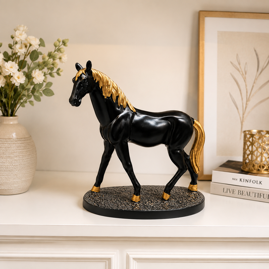 Royal Black & Gold Walking Horse Statue