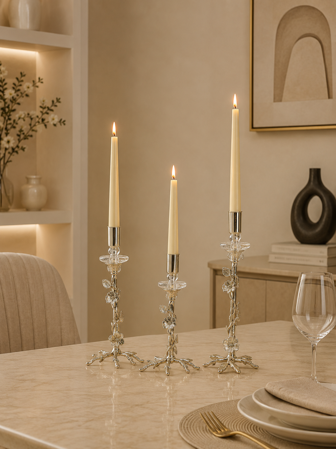 Luxury Gold & Silver Floral Taper Candle Holder Set of 3