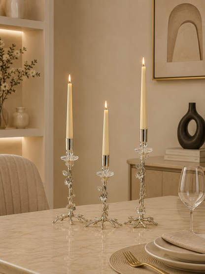 Luxury Gold & Silver Floral Taper Candle Holder Set of 3