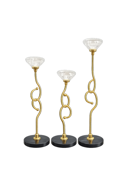 Luxury Gold & Crystal Taper Candle Holder Set of 3 with Black Marble Bases