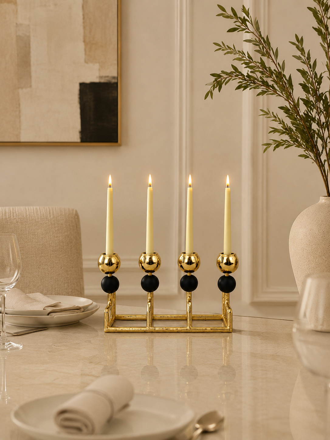 Luxury 4-Arm Gold Candle Holder with Black Accents