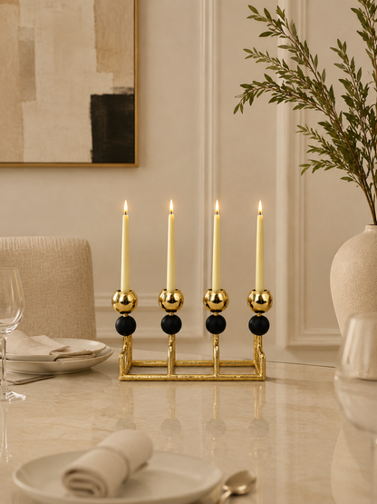 Luxury 4-Arm Gold Candle Holder with Black Accents