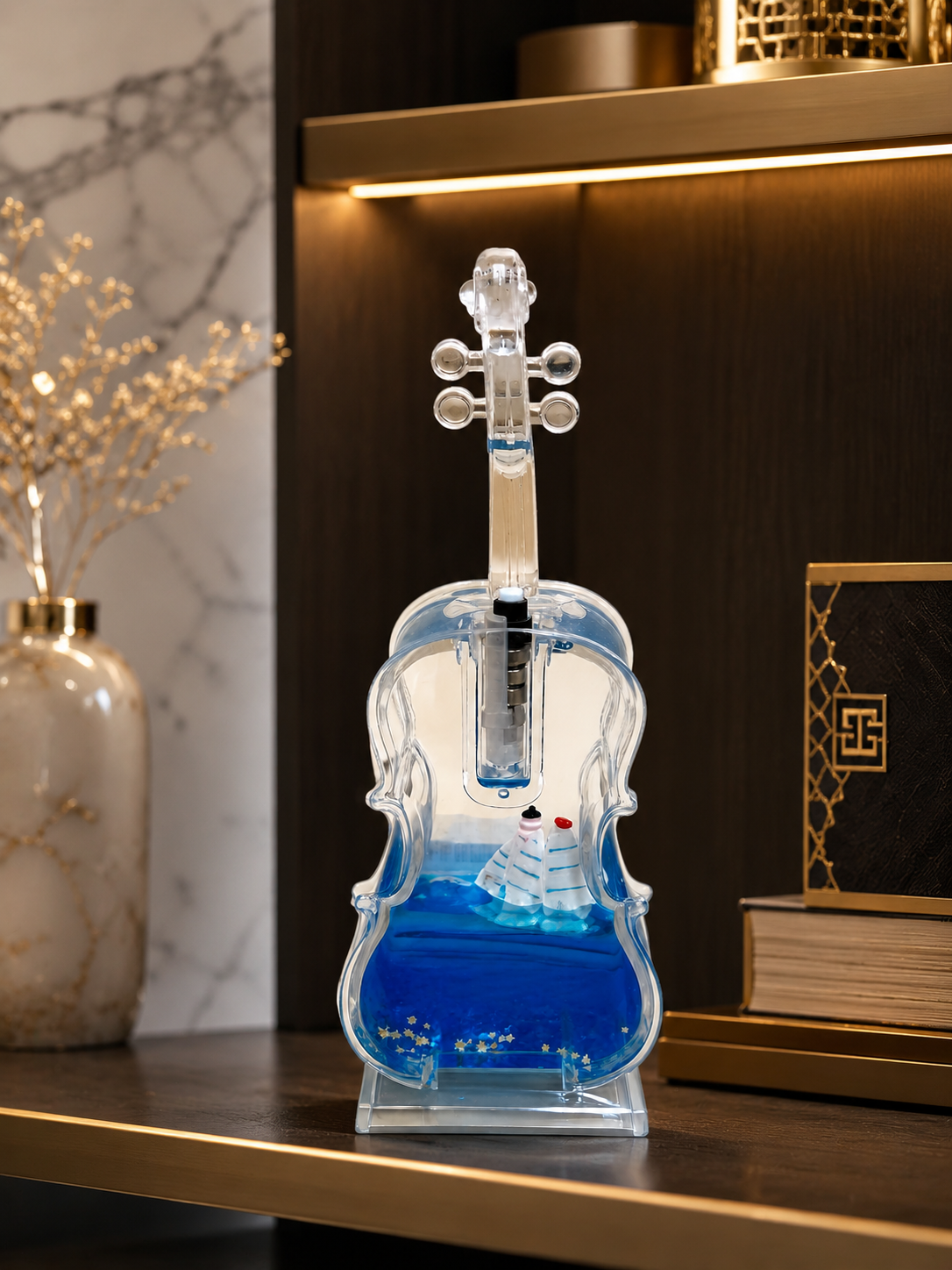 Violin-Shaped Liquid Wave Paperweight with Sailing Ship