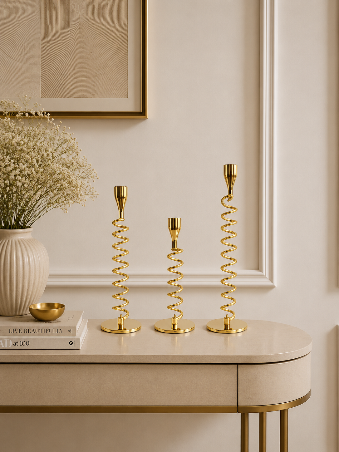 Luxury Gold Spiral Metal Taper Candle Holder Set of 3