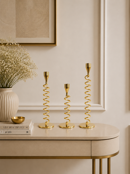 Luxury Gold Spiral Metal Taper Candle Holder Set of 3