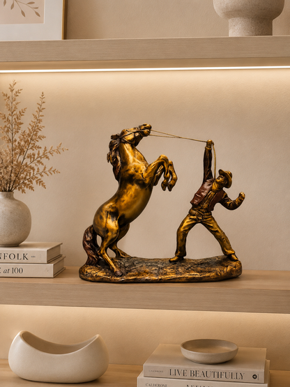 Golden Cowboy & Rearing Horse Resin Sculpture