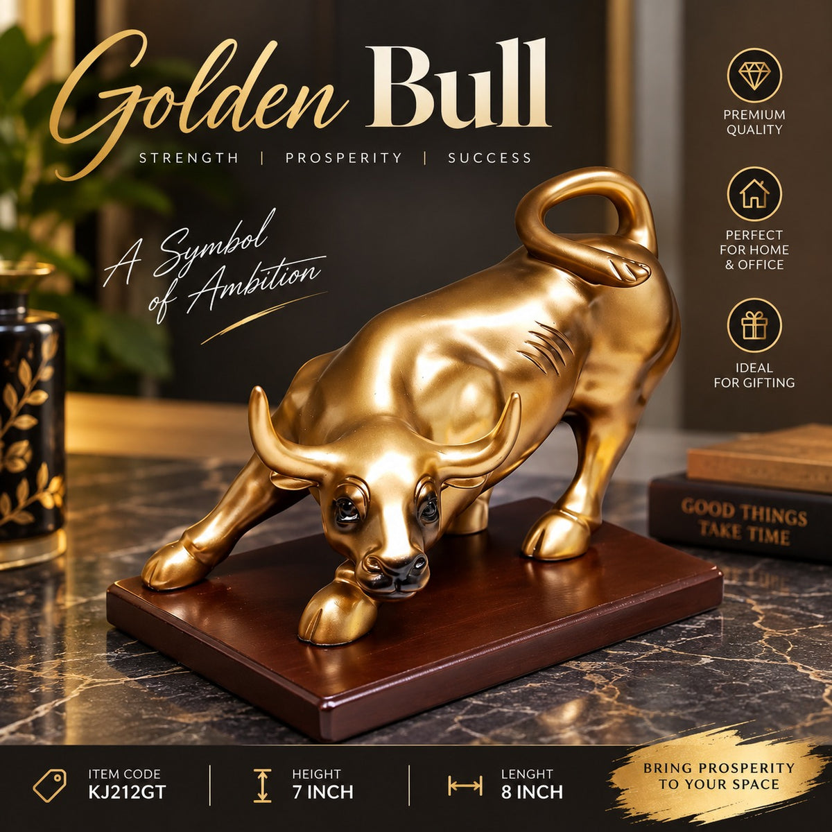 Golden Bull Statue – Premium Gold Prosperity & Success Decor