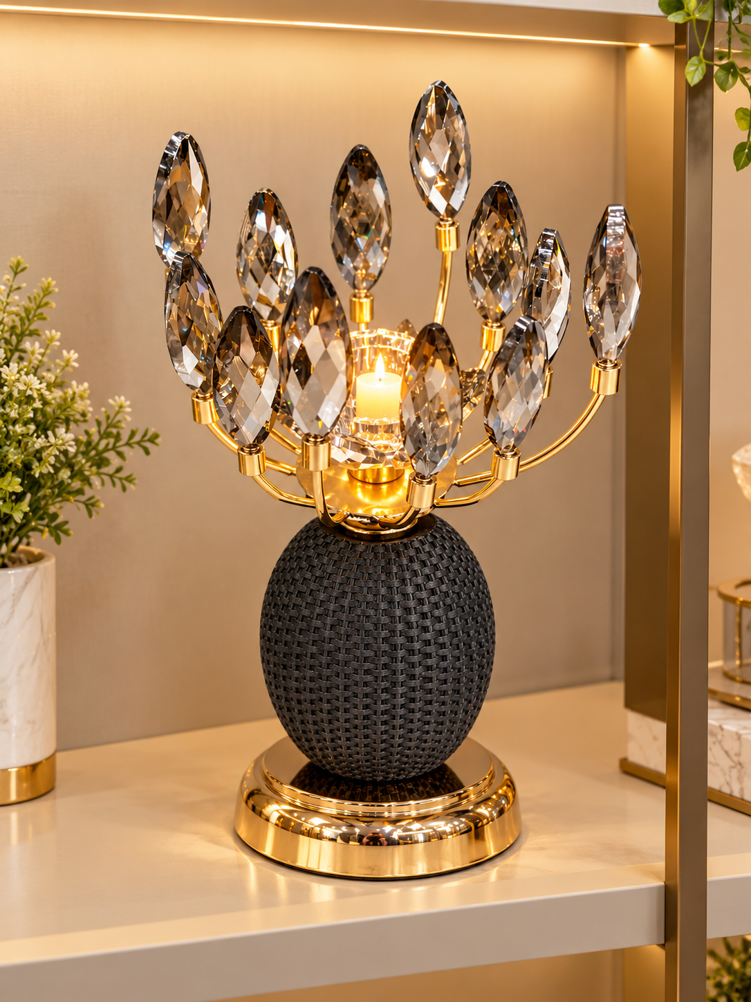 Luxury Gold Crystal Candle Holder with Black Textured Base