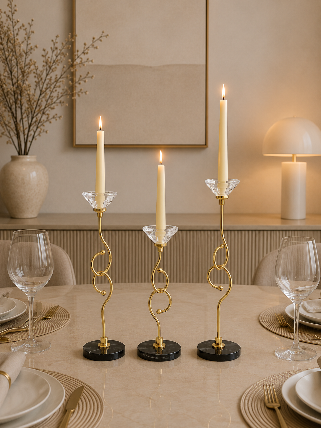 Luxury Gold & Crystal Taper Candle Holder Set of 3 with Black Marble Bases