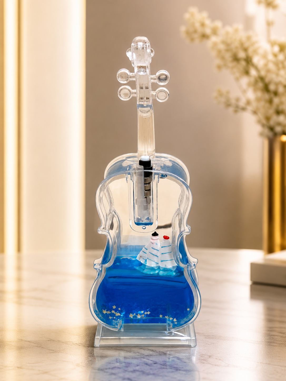 Violin-Shaped Liquid Wave Paperweight with Sailing Ship