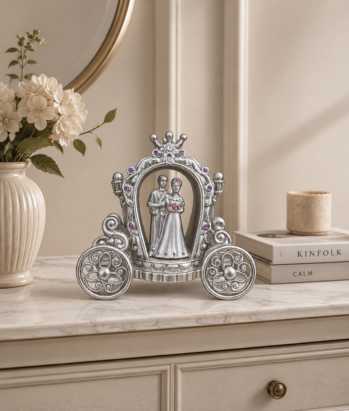 Luxury Silver Cinderella Carriage Couple Showpiece
