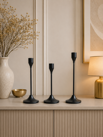 Modern Matte Black Metal Taper Candle Holder Set of 3