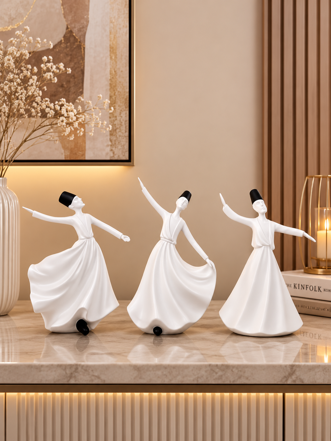 Set of 3 White Whirling Dervish Figurines