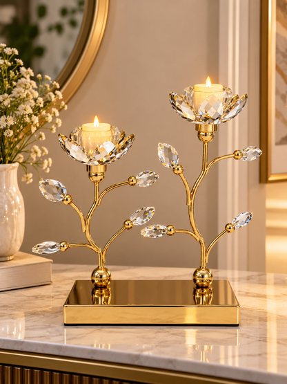 Luxury Gold Crystal Lotus Flower Candle Holder Set of 2