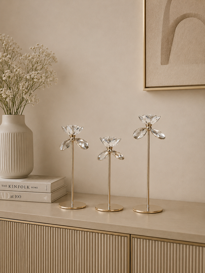 Luxury Crystal Flower Gold Candle Holder Set of 3