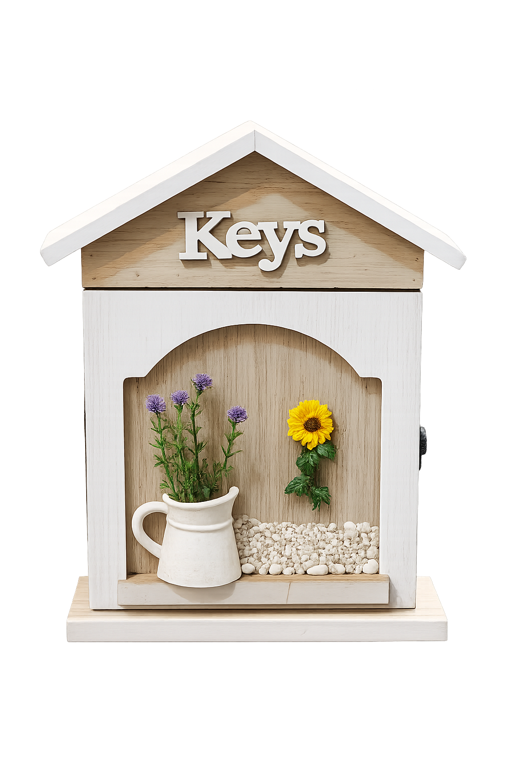 Wooden House Key Holder Box with Decorative Flowers