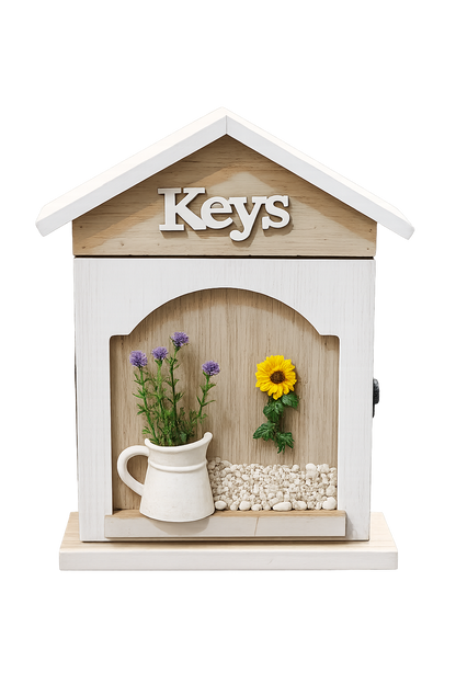 Wooden House Key Holder Box with Decorative Flowers