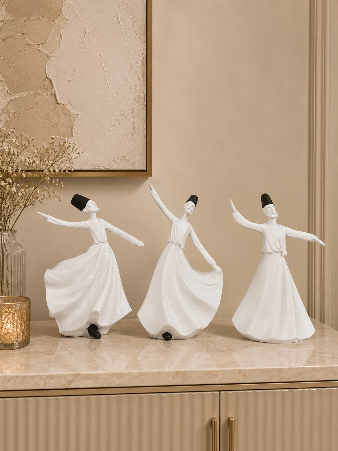 Set of 3 White Whirling Dervish Figurines