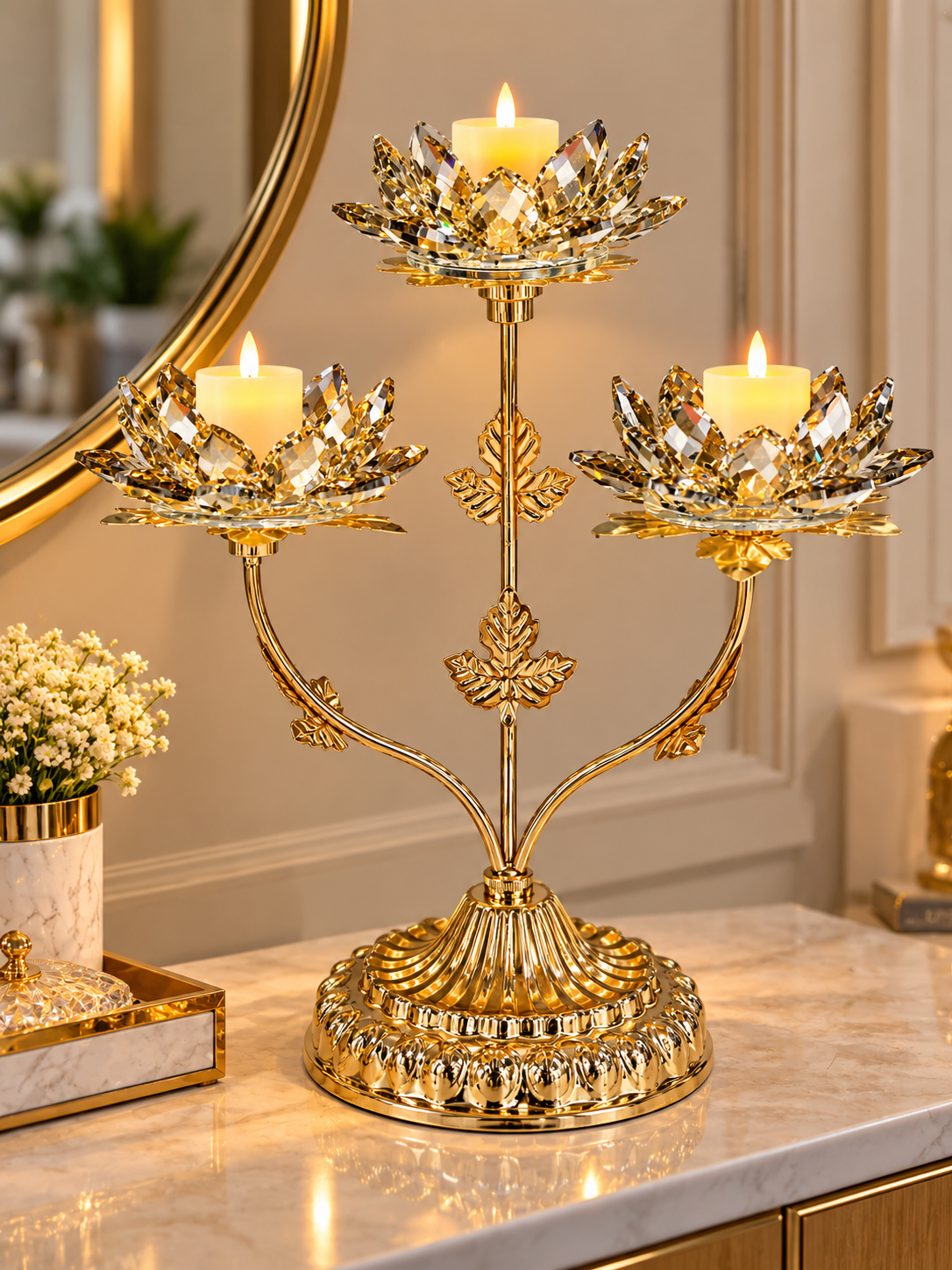 Luxury Golden Lotus Crystal 3-Cup Candle Holder