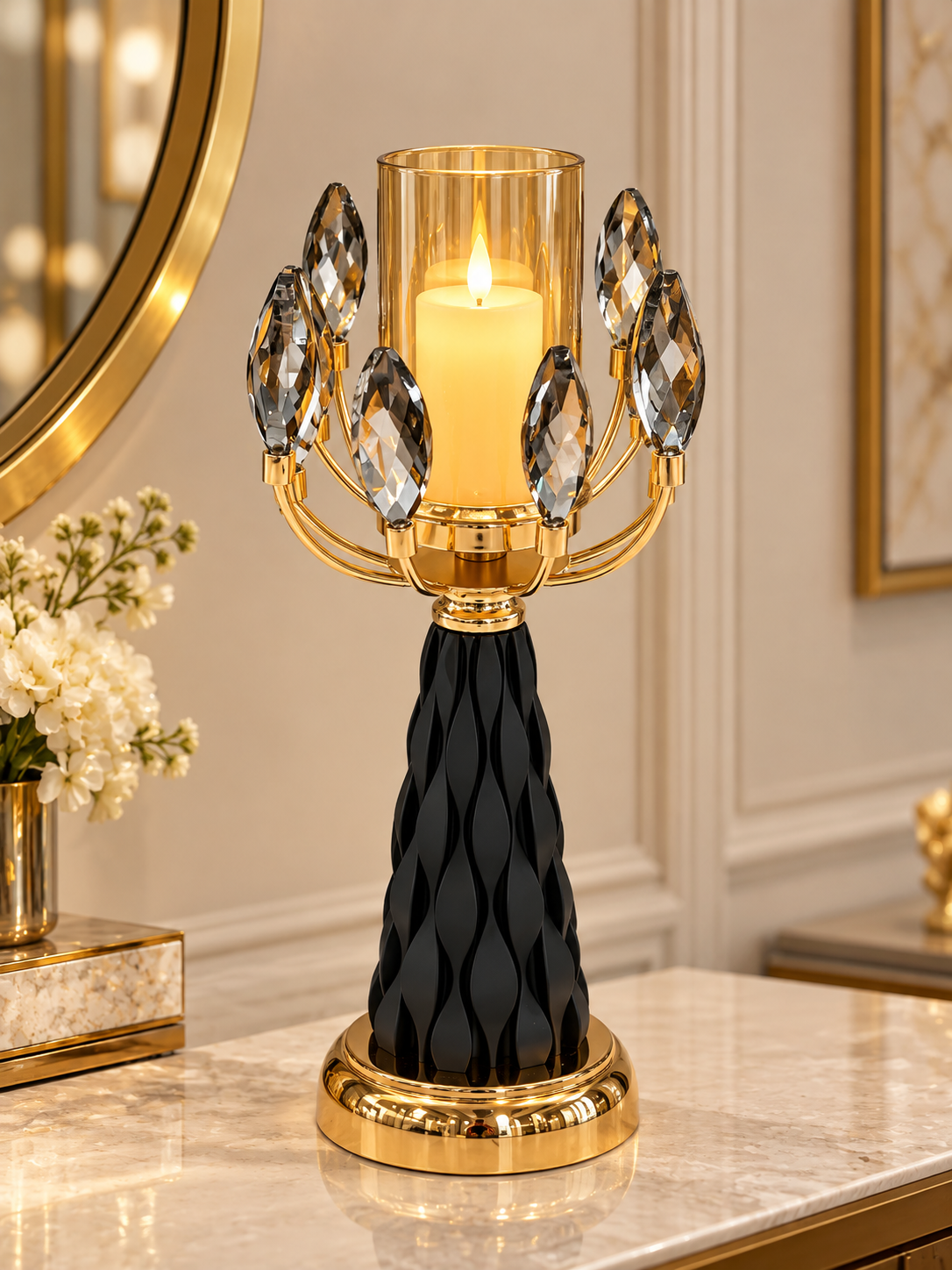 Luxury Black & Gold Crystal Leaf Candle Holder