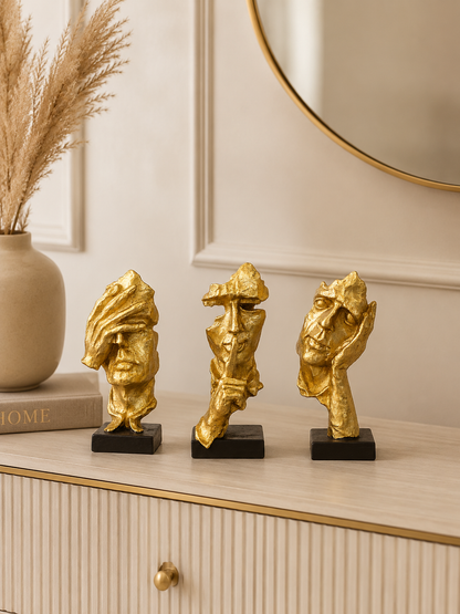 Abstract Golden Face Sculpture Set of 3