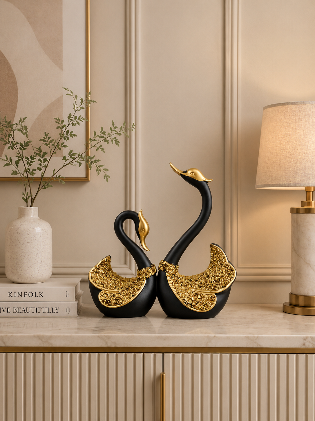 Luxury Black & Gold Swan Sculpture Set of 2