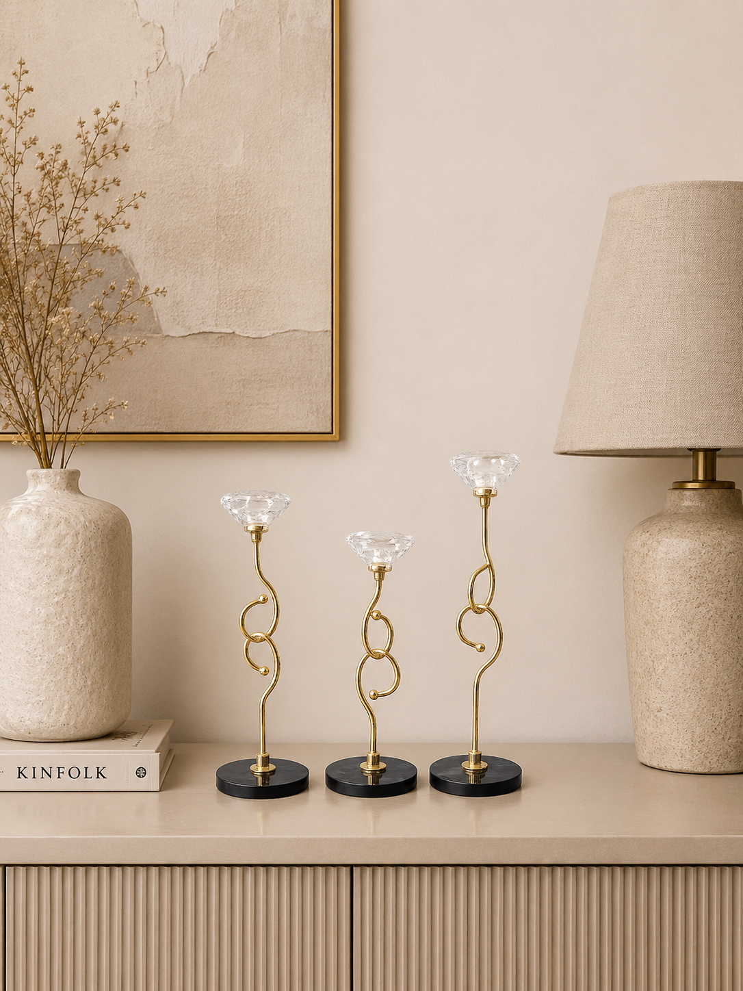 Luxury Gold & Crystal Taper Candle Holder Set of 3 with Black Marble Bases