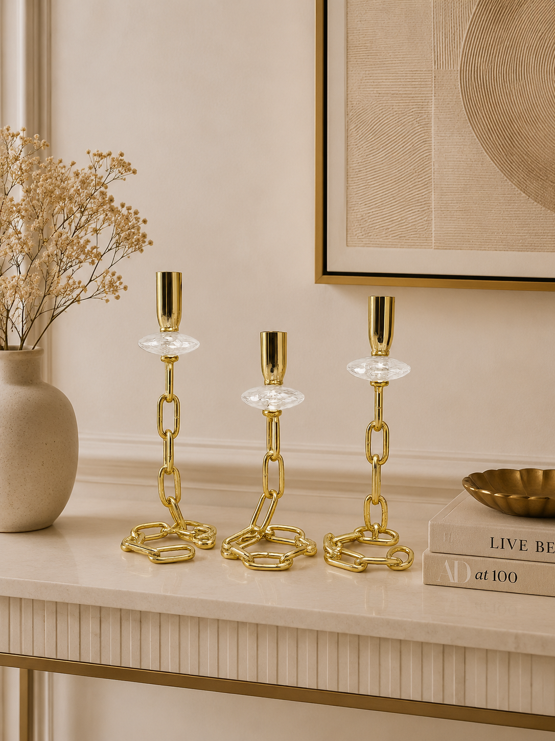 Luxury Gold Chain-Link Taper Candle Holder Set of 3