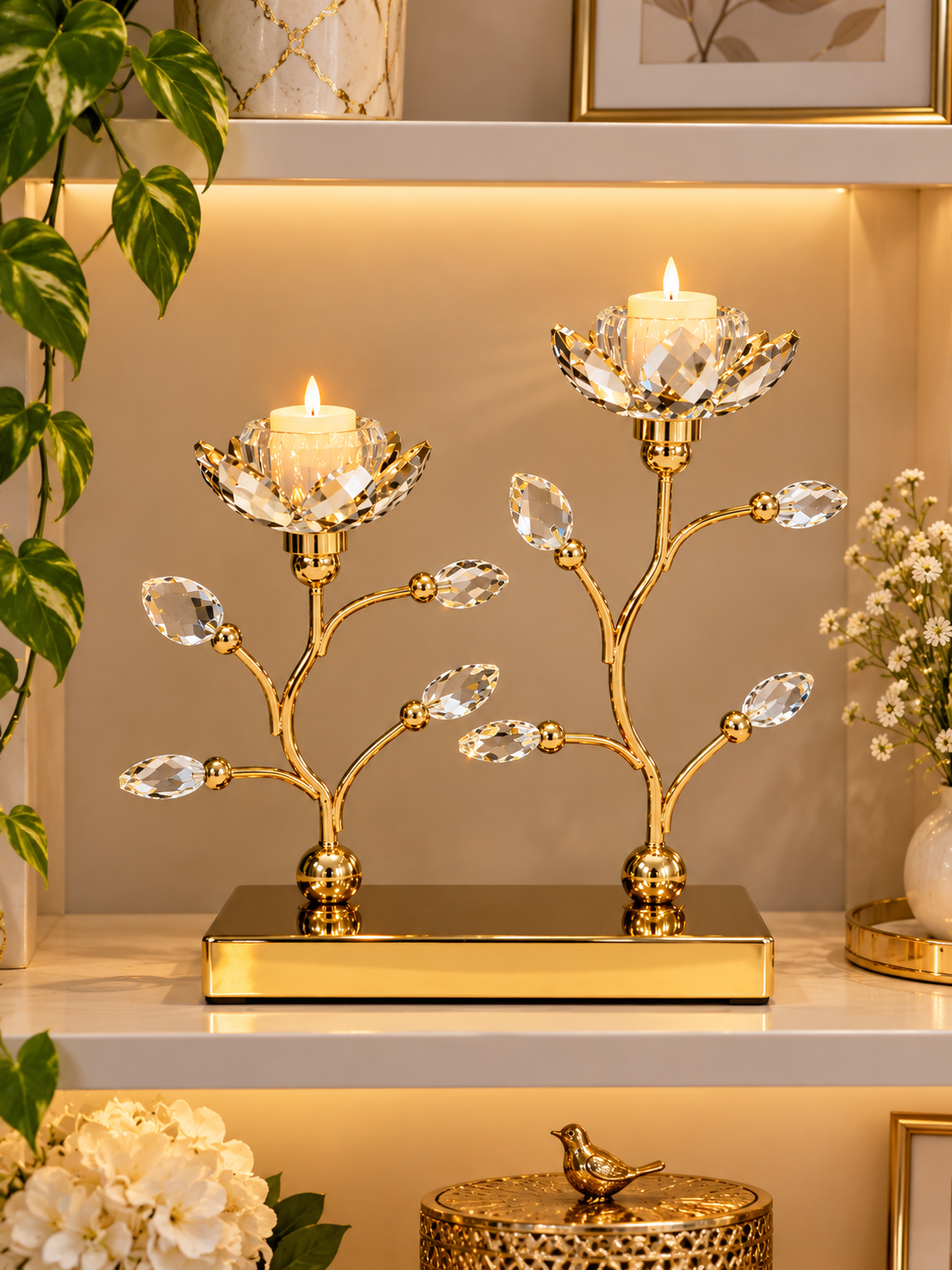 Luxury Gold Crystal Lotus Flower Candle Holder Set of 2