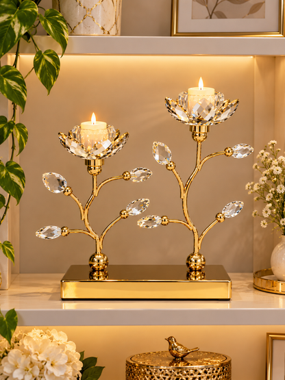 Luxury Gold Crystal Lotus Flower Candle Holder Set of 2