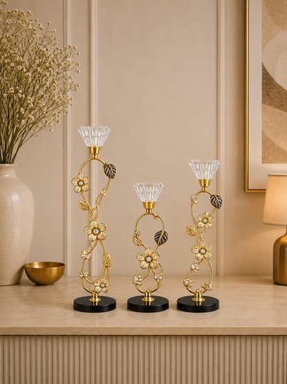 Luxury Gold Floral Crystal Taper Candle Holder Set of 3