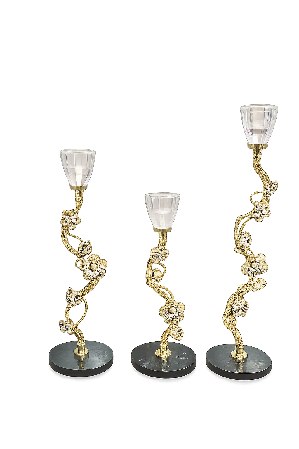 Luxury Floral Gold Metal Candle Holder Set of 3 with Crystal-Style Cups