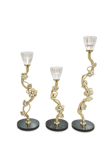Luxury Floral Gold Metal Candle Holder Set of 3 with Crystal-Style Cups